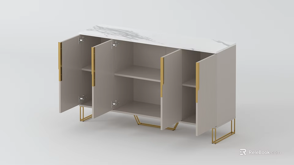 Modern Gray Sideboard With Golden Legs Marble Top Open Doors And Shelves 3d model 