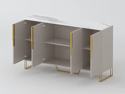 Modern Gray Sideboard With Golden Legs Marble Top Open Doors And Shelves 3d model