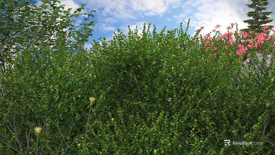 Lush Green Shrubs With Dense Foliage And Pink Flowers Under Blue Sky And White Clouds 3d model 