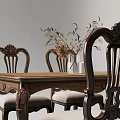 Classic Traditional Dining Table Set with Carved Wooden Frame Upholstered Seats and Floral Centerpiece