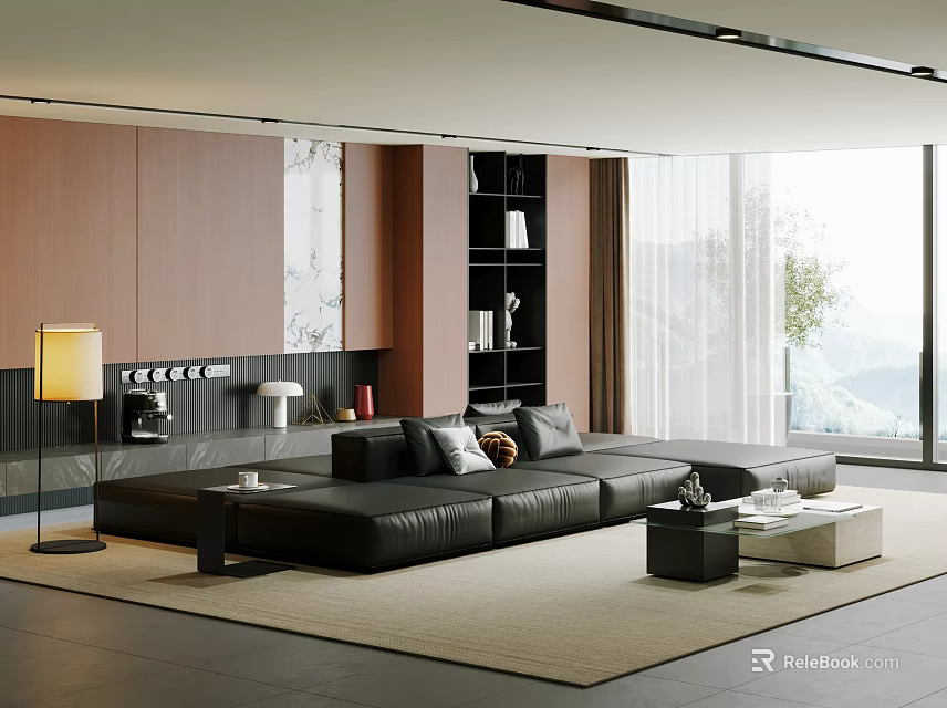 Modern Luxury Living Room Interior With Large Black Leather Sectional Sofa And Panoramic Floor Window 3d model 