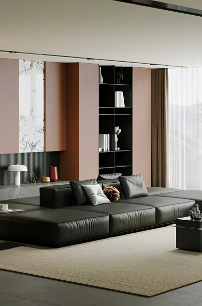 Modern Luxury Living Room Interior With Large Black Leather Sectional Sofa And Panoramic Floor Window 3d model