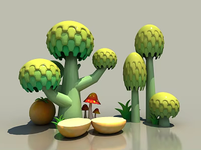 Cartoon Mushroom Photo Spot With Yellow Green Mushroom Trees Mushroom House Bowls And Grass 3d model