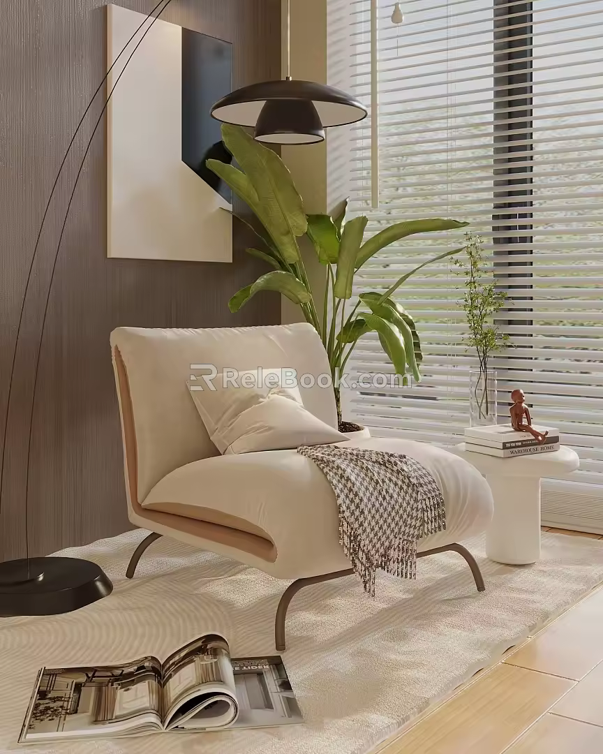 Modern Cream Style Casual Chair Lazy Person Sofa Side Lights Green Plant Hanging Picture Floor Lamp 3d model