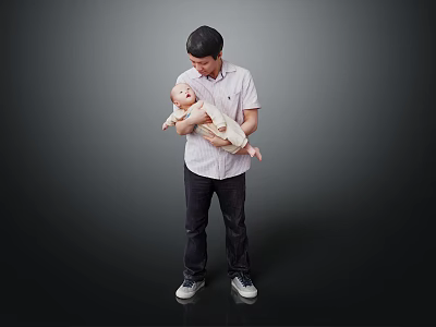 Man Holding Baby In Onesie And Casual Outfit Against Gradient Background 3d model