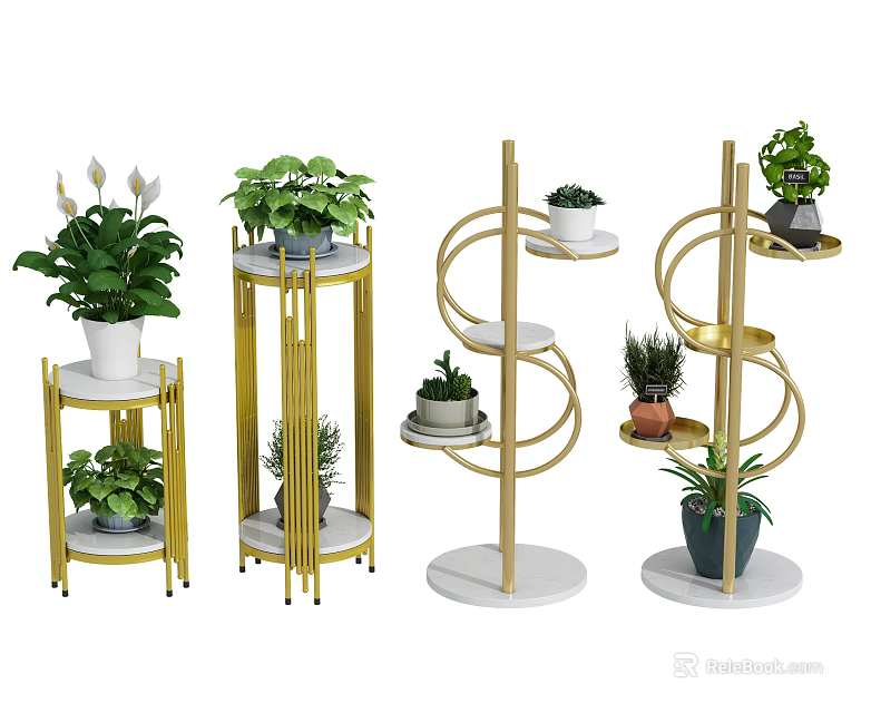 Various Green Potted Plants On Golden Metal Spiral Multi Tiered Plant Stands 3d model 