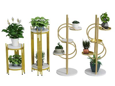 Various Green Potted Plants On Golden Metal Spiral Multi Tiered Plant Stands 3d model