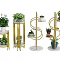 Various Green Potted Plants On Golden Metal Spiral Multi Tiered Plant Stands
