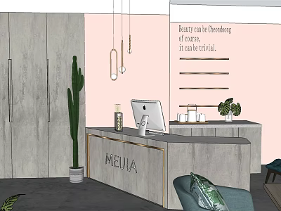 Meiji Modern Beauty Hair Salon Interior With Reception Desk Green Plants And Hanging Lights 3d model