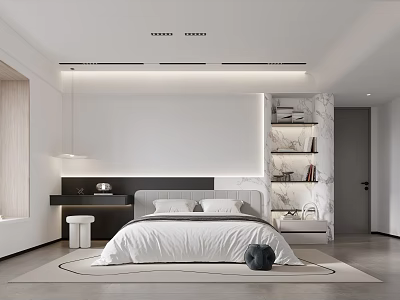 Modern Minimalist Bedroom Interior Design With White Bed Marble Bookshelf Table Lamp And Round Rug 3d model