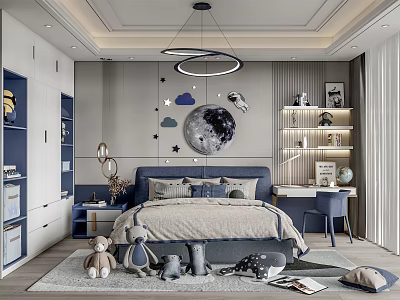 Kids Room Interior Design With Blue Gray Tones Moon Star Decorations Bookshelves And Stuffed Toys 3d model