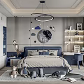 Kids Room Interior Design With Blue Gray Tones Moon Star Decorations Bookshelves And Stuffed Toys