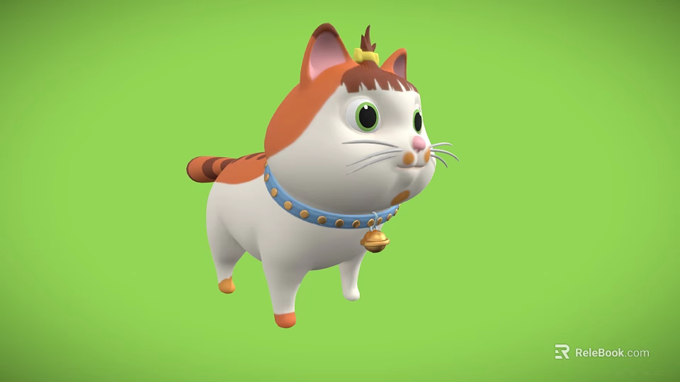 Cute Cartoon Cat with Orange White Fur Head Decoration Blue Collar Bell on Green Background 3d model 
