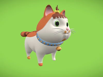 Cute Cartoon Cat with Orange White Fur Head Decoration Blue Collar Bell on Green Background 3d model