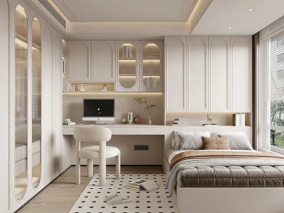 Modern Tatami Bedroom Interior Design With White Cabinets Desk And Soft Lighting 3d model