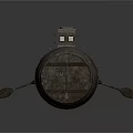 Wooden Barrel Shaped Water Vehicle With Small Windows Tower Like Structure And Paddle