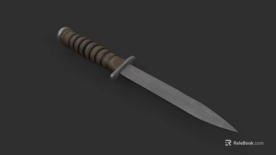 Military Style Knife With Striped Wooden Handle And Sharp Metal Blade 3d model 