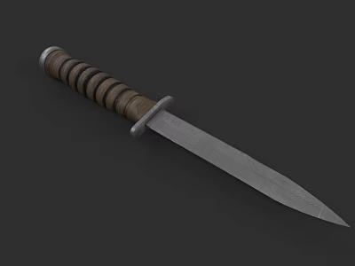 Military Style Knife With Striped Wooden Handle And Sharp Metal Blade 3d model