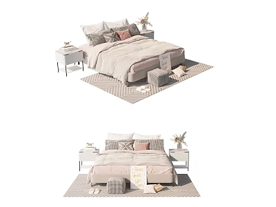 Elegant Double Bed Interior Design With Light Colored Bedding Decorative Pillows Nightstands And Rug 3d model