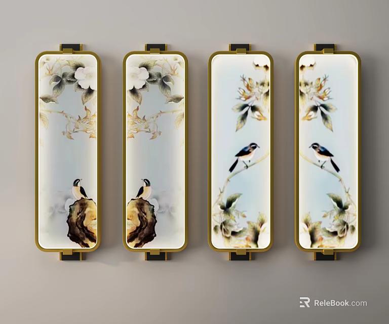 Four Elegant Wall Lamps with Floral Bird Patterns and Golden Frames in Decorative Design 3d model 