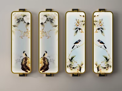 Four Elegant Wall Lamps with Floral Bird Patterns and Golden Frames in Decorative Design 3d model