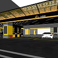 Car Dealership Showroom Displaying White Sports Car with Yellow Partitions Floor Lines and Lighting Design