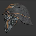 Mechanical Armored Helmet Featuring Metallic Texture Detailed Design And Red Glowing Eyes