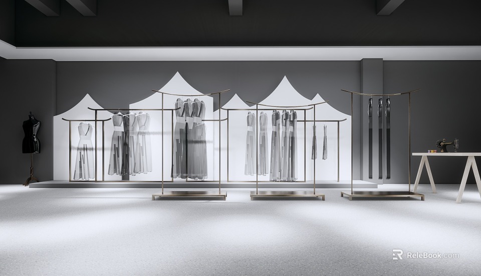 Modern Clothing Store Interior With Open Display Racks And Hanging Apparel 3d model 