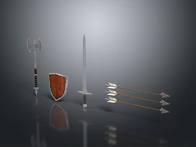 Medieval Weapons Including Axe Sword Shield And Arrows Arranged Together 3d model