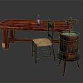 Rustic Red Wooden Table With Chair And Barrel Furniture Plus Wine Bottle