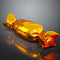Golden Foil Wrapped Candy With Twisted Ends On Dark Background And Reflection 3d model