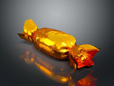 Golden Foil Wrapped Candy With Twisted Ends On Dark Background And Reflection 3d model
