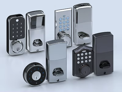 Different Types Of Smart And Traditional Door Handles With Digital Keypads And Metal Finish 3d model