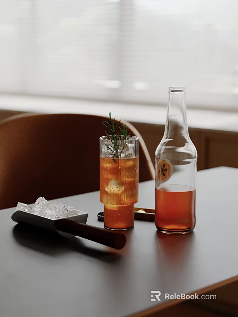 Refreshing Iced Drink With Rosemary Ice Cubes And Glass Bottle 3d model 