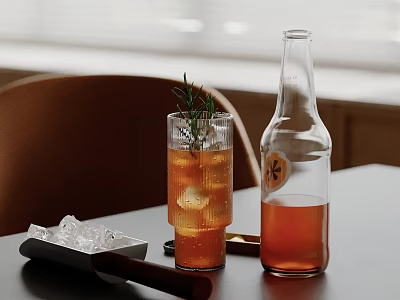 Refreshing Iced Drink With Rosemary Ice Cubes And Glass Bottle 3d model