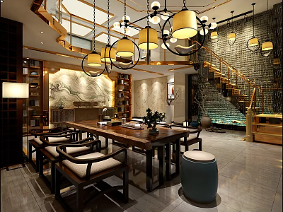 Hotel Public Lounge Area With Chinese Style Pendant Lights Wooden Tables And Landscape Painting 3d model