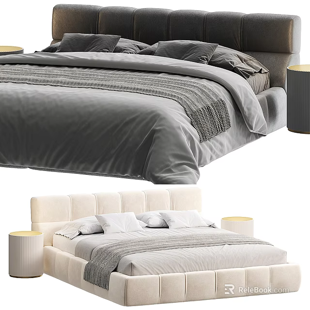 Modern Double Bed With Neutral Tones Headboard Bedding And Bedside Lamps 3d model