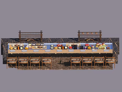 Fresh Sushi Sashimi Display At Sushi Bar With Cozy Bar Seats 3d model