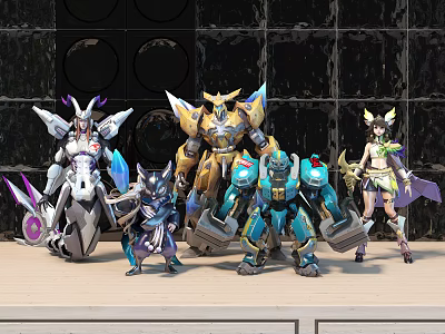 Colorful Robot Action Dolls With Gold Blue White Green Designs And Weapon Accessories 3d model