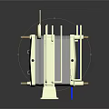 White Mechanical Structure With Blue Components And Cylindrical Support Rods