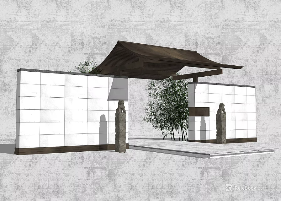 Traditional Garden Wall Design With White Panels Black Canopy Bamboo And Stone Pillars 3d model 
