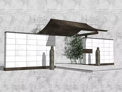 Traditional Garden Wall Design With White Panels Black Canopy Bamboo And Stone Pillars 3d model