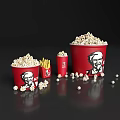 KFC Red Containers Featuring Popcorn French Fries Small Drinks And Scattered Popcorn Pieces