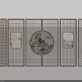 Chinese Style Wooden Screen With Circular Landscape Painting And Square Decorative Panels