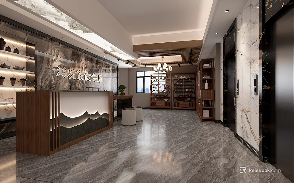 Elegant Tea House Interior With Marble Floor Wooden Counter Chandelier And Display Shelves 3d model 