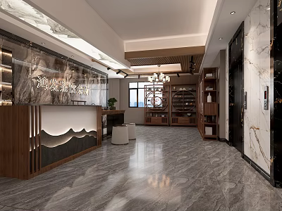Elegant Tea House Interior With Marble Floor Wooden Counter Chandelier And Display Shelves 3d model