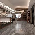 Elegant Tea House Interior With Marble Floor Wooden Counter Chandelier And Display Shelves