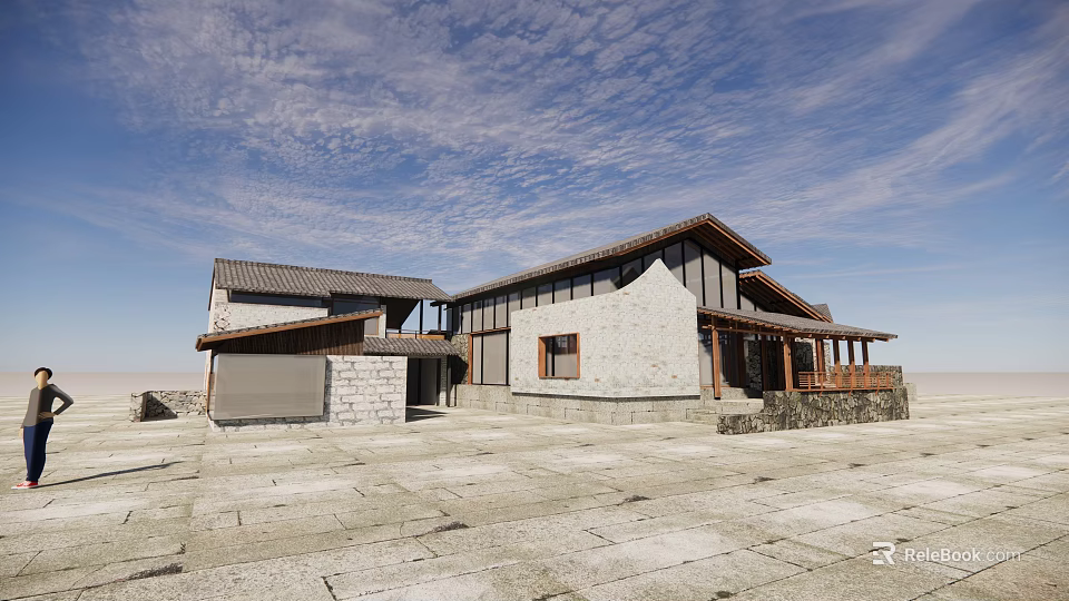 Traditional Modern Country House With Stone Wall Wooden Roof Large Windows And Outdoor Terrace 3d model 