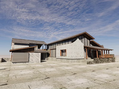 Traditional Modern Country House With Stone Wall Wooden Roof Large Windows And Outdoor Terrace 3d model
