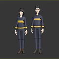 Two Men In Blue Uniforms With Yellow Stripes Standing On Dark Background